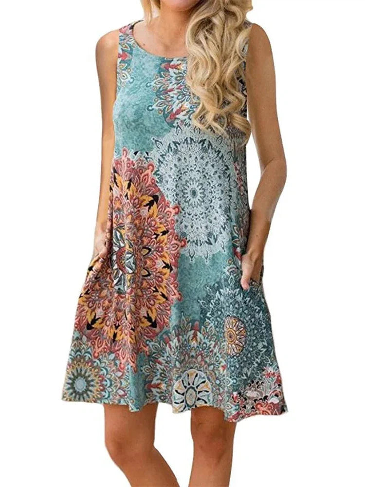 New Women Summer Dress Fashion Floral Print Sleeveless Dresses Casual Dresses Female Robe 50 Colors Vestidos Midi Sundress
