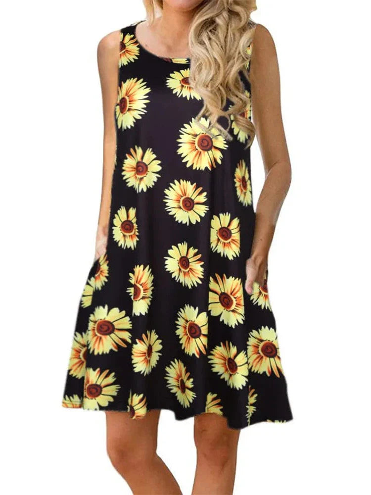 New Women Summer Dress Fashion Floral Print Sleeveless Dresses Casual Dresses Female Robe 50 Colors Vestidos Midi Sundress