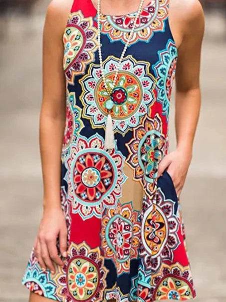 New Women Summer Dress Fashion Floral Print Sleeveless Dresses Casual Dresses Female Robe 50 Colors Vestidos Midi Sundress