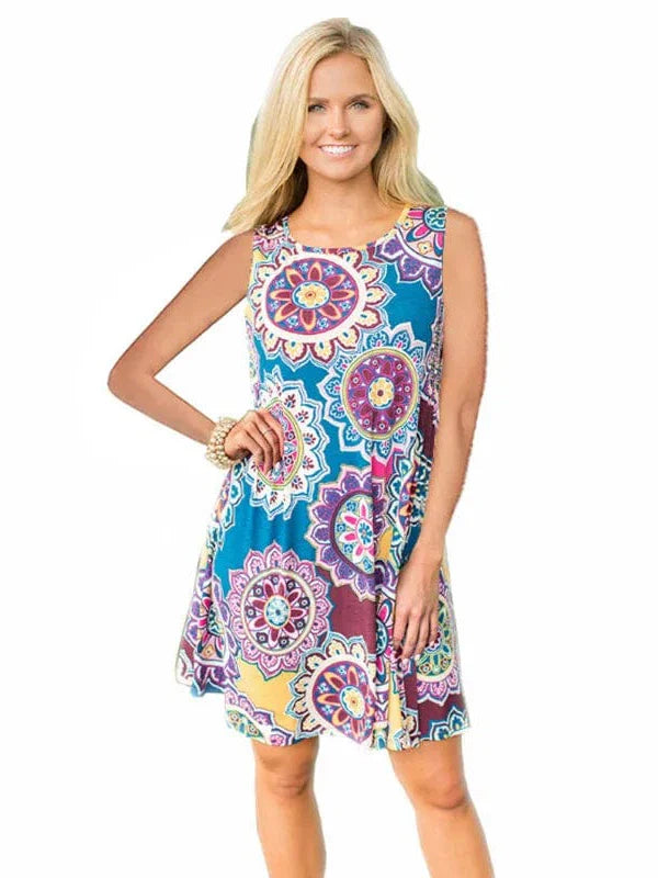 New Women Summer Dress Fashion Floral Print Sleeveless Dresses Casual Dresses Female Robe 50 Colors Vestidos Midi Sundress