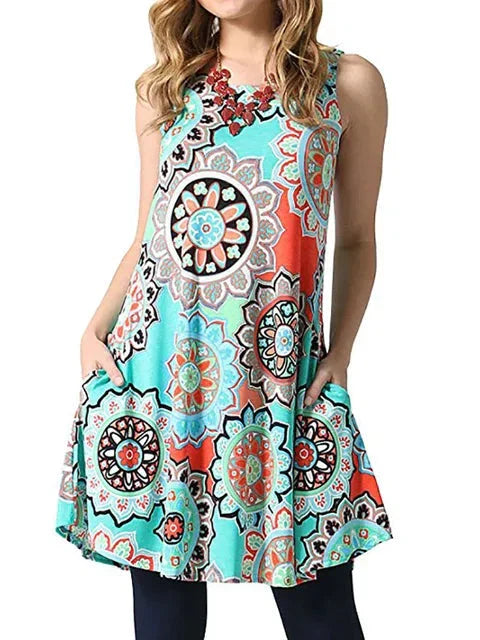 New Women Summer Dress Fashion Floral Print Sleeveless Dresses Casual Dresses Female Robe 50 Colors Vestidos Midi Sundress