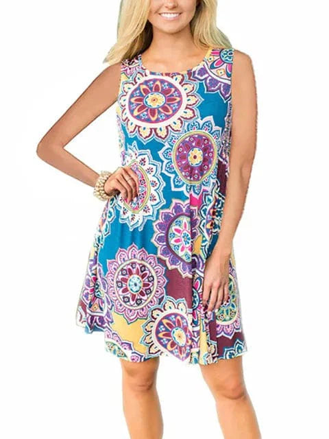 New Women Summer Dress Fashion Floral Print Sleeveless Dresses Casual Dresses Female Robe 50 Colors Vestidos Midi Sundress