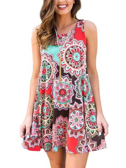New Women Summer Dress Fashion Floral Print Sleeveless Dresses Casual Dresses Female Robe 50 Colors Vestidos Midi Sundress