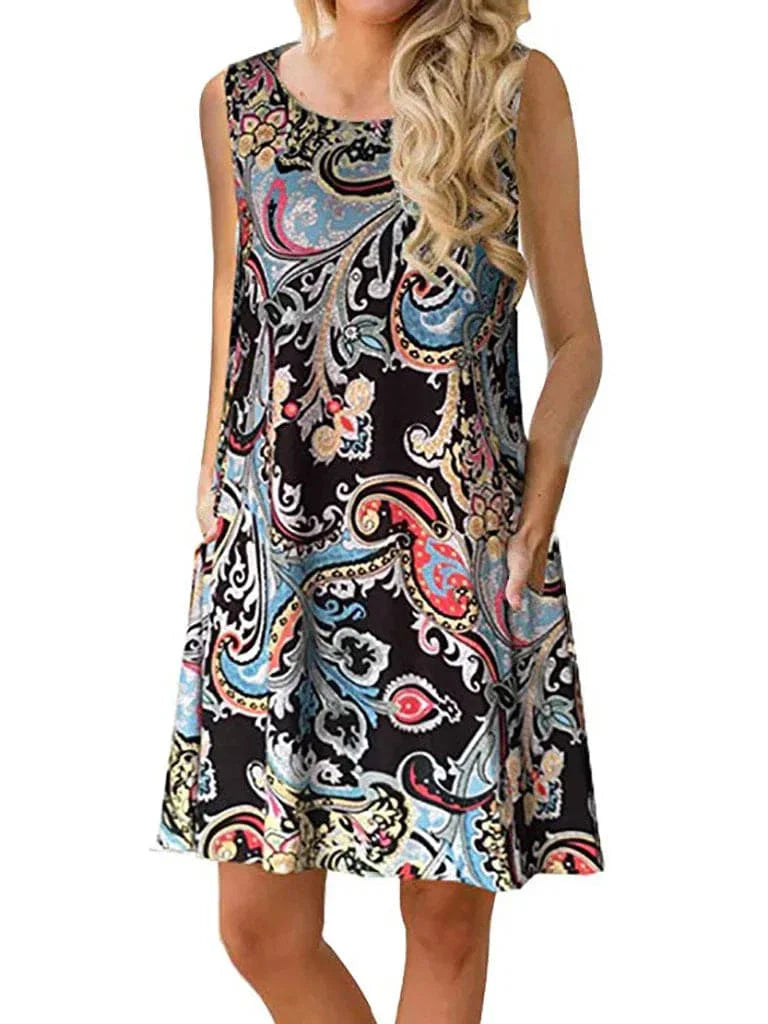 New Women Summer Dress Fashion Floral Print Sleeveless Dresses Casual Dresses Female Robe 50 Colors Vestidos Midi Sundress