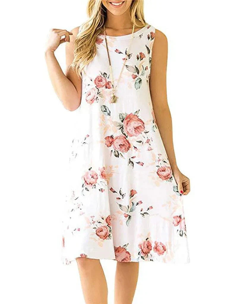 New Women Summer Dress Fashion Floral Print Sleeveless Dresses Casual Dresses Female Robe 50 Colors Vestidos Midi Sundress