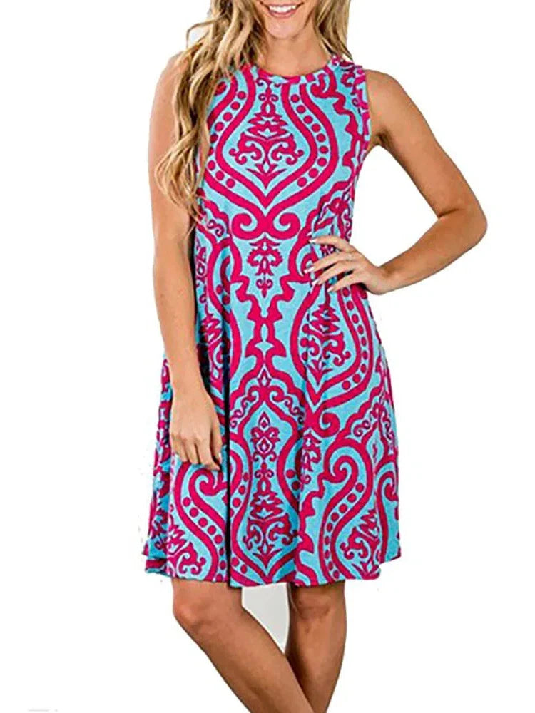 New Women Summer Dress Fashion Floral Print Sleeveless Dresses Casual Dresses Female Robe 50 Colors Vestidos Midi Sundress
