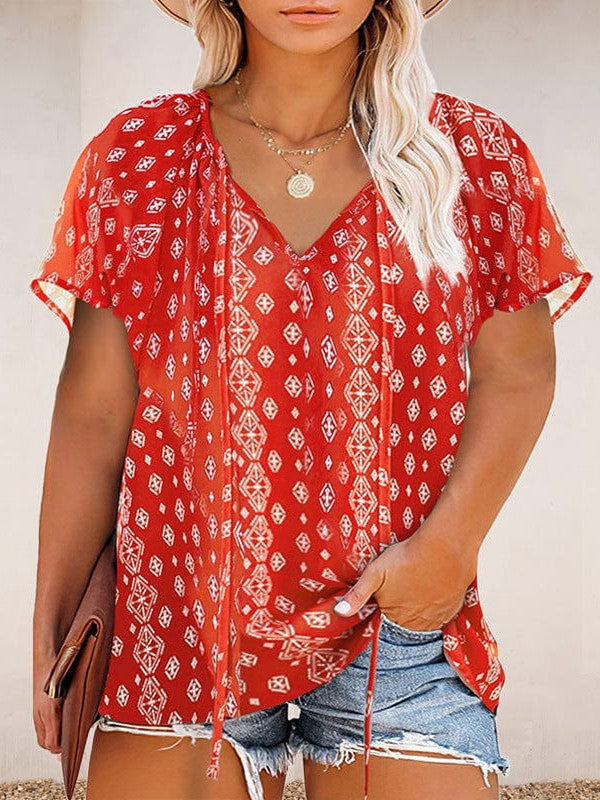 Chiffon V-Neck Floral Print Plus Size Top for Women
