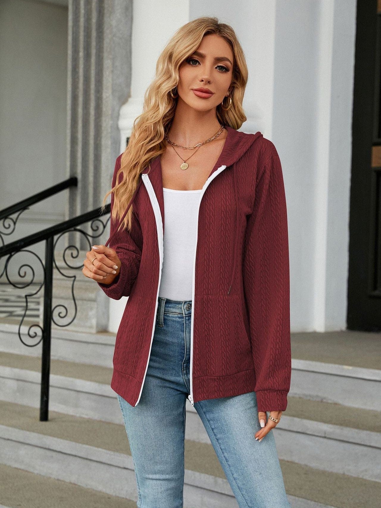 Zippered hooded drawstring sweatshirt knitted jacket