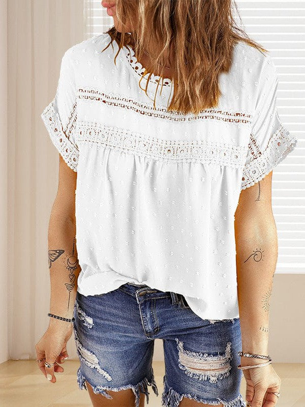 Solid Color Short Sleeve Lace Chiffon Top with Round Neck for Women's Comfort