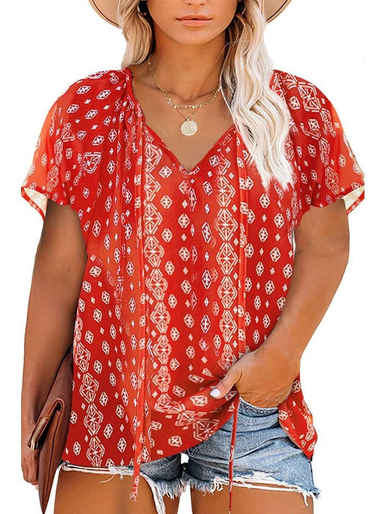 Chiffon V-Neck Floral Print Plus Size Top for Women