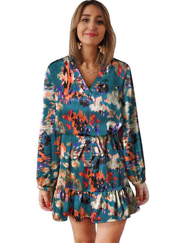 Abstract floral chiffon dress with v-neck and ruffled sleeves for women