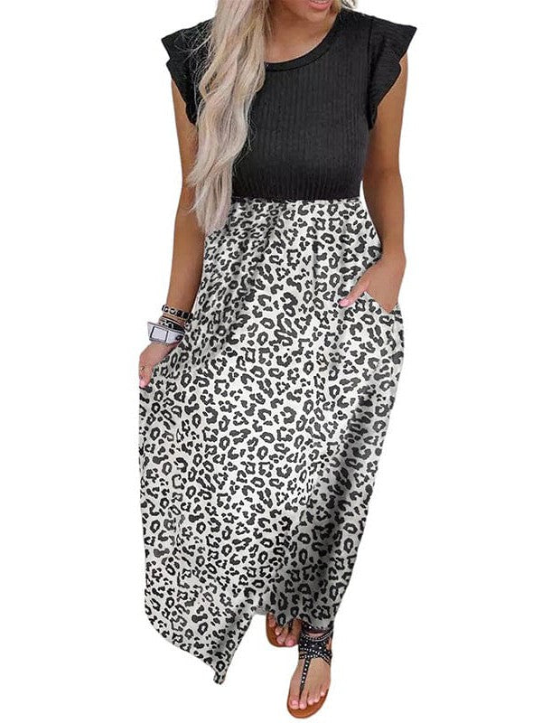 Leopard Print Chiffon Long Skirt with High Waist and Flying Sleeves