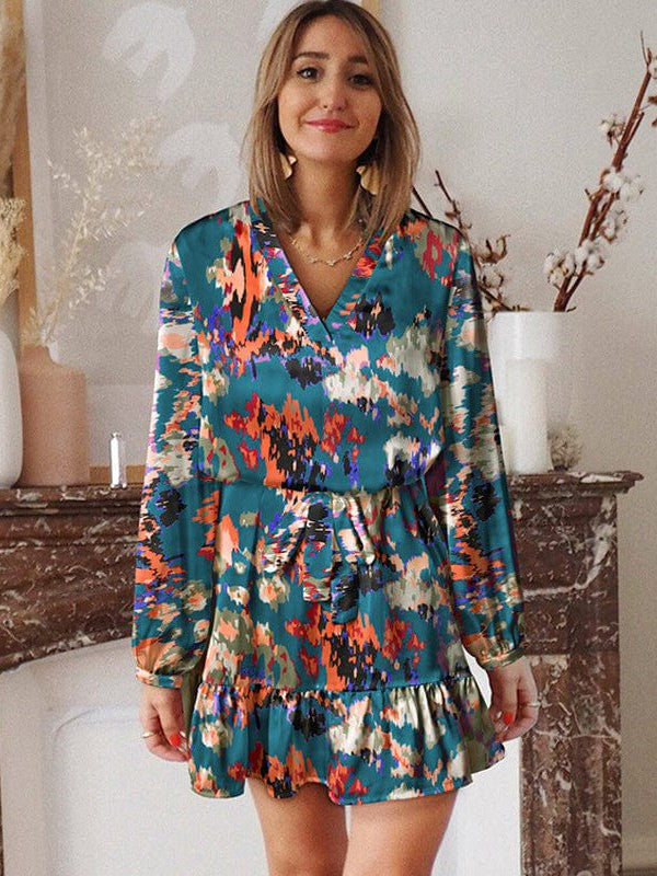 Abstract floral chiffon dress with v-neck and ruffled sleeves for women