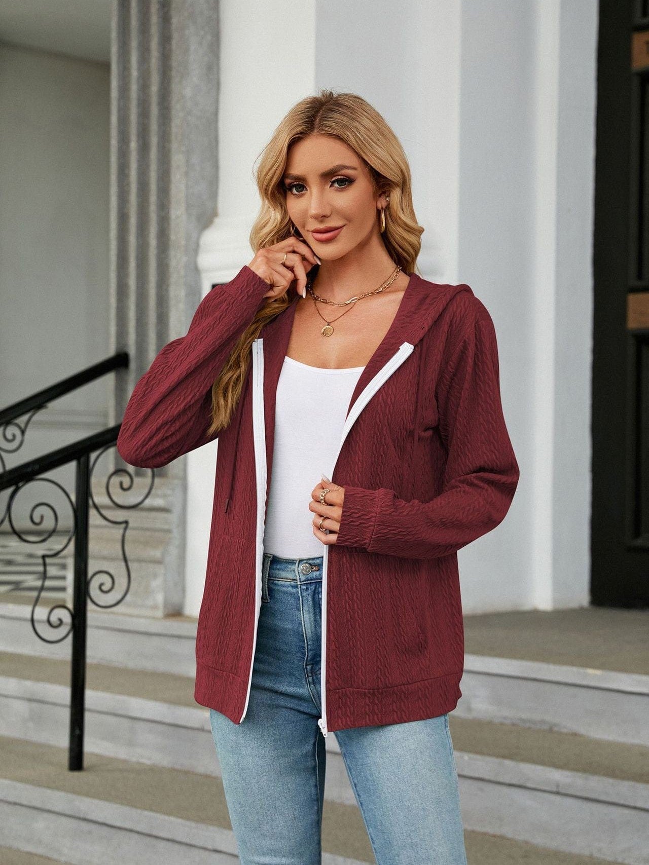 Zippered hooded drawstring sweatshirt knitted jacket