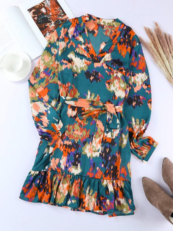 Abstract floral chiffon dress with v-neck and ruffled sleeves for women