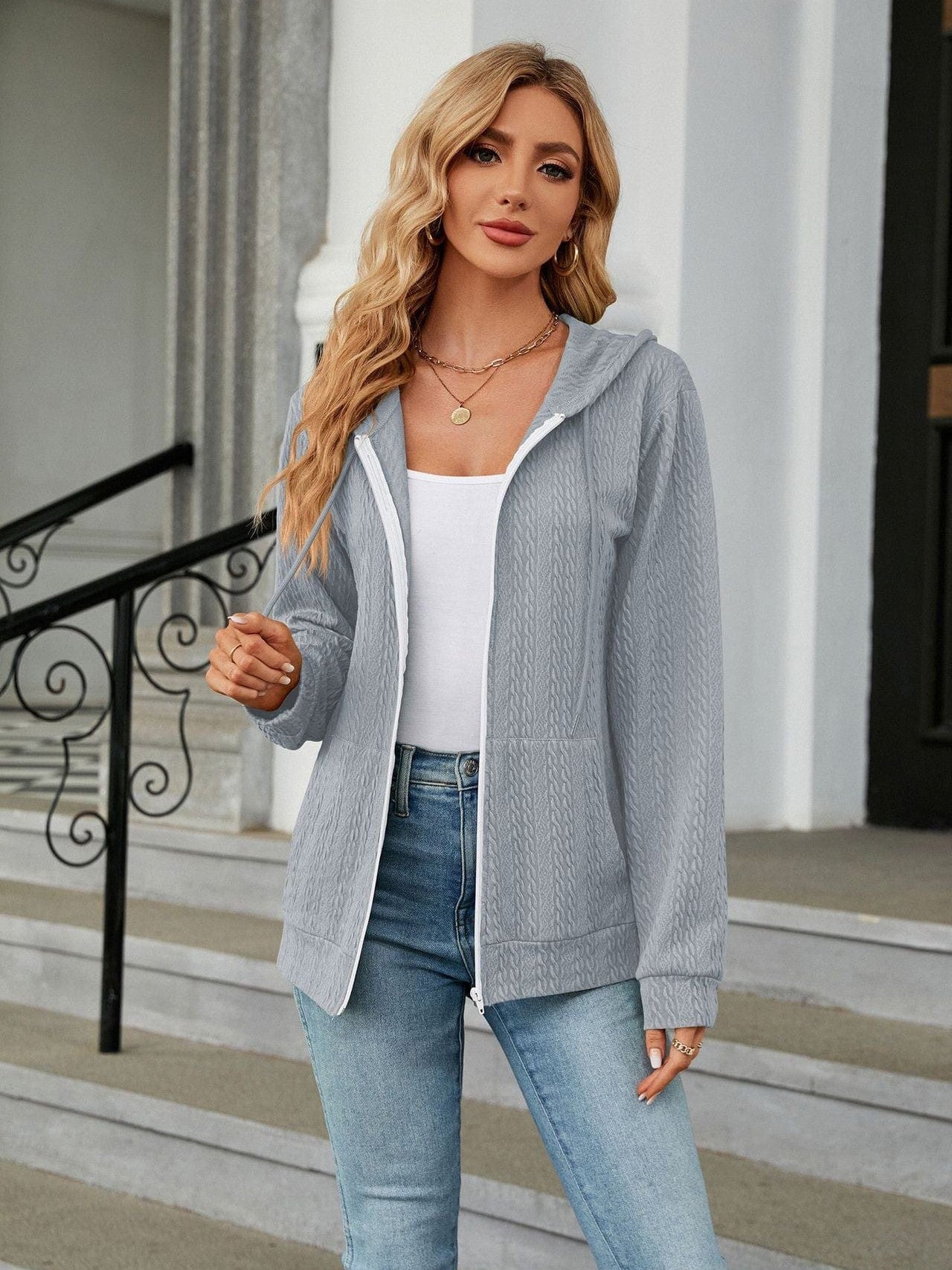 Zippered hooded drawstring sweatshirt knitted jacket