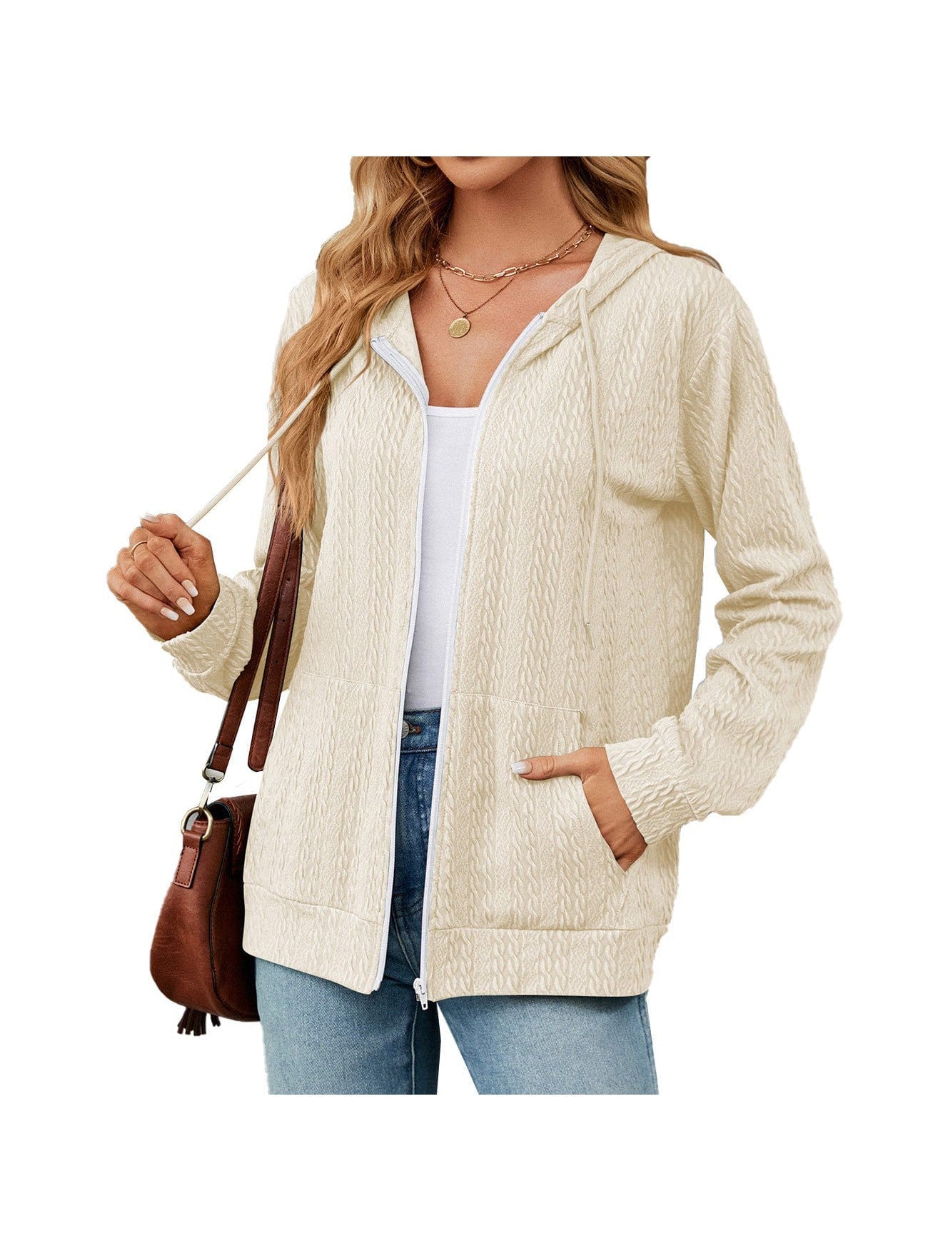 Zippered hooded drawstring sweatshirt knitted jacket