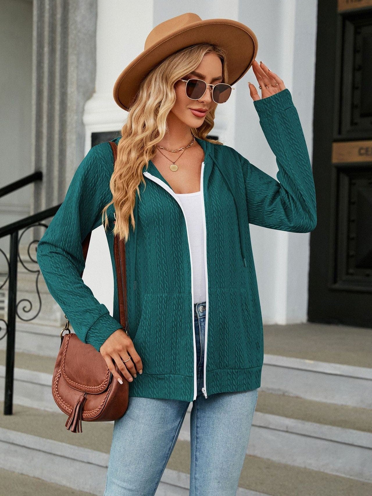 Zippered hooded drawstring sweatshirt knitted jacket