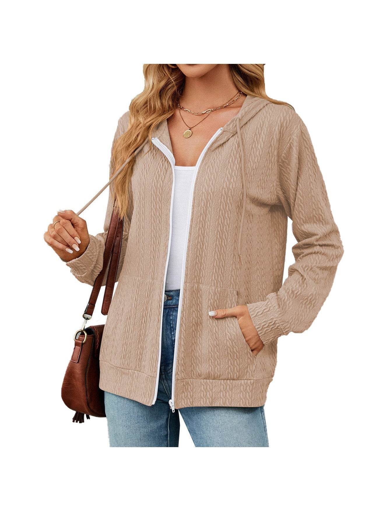 Zippered hooded drawstring sweatshirt knitted jacket