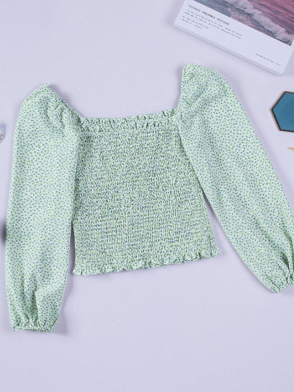 Square Neck Pullover Women's Lantern Sleeve Top with Waist Slimming Design