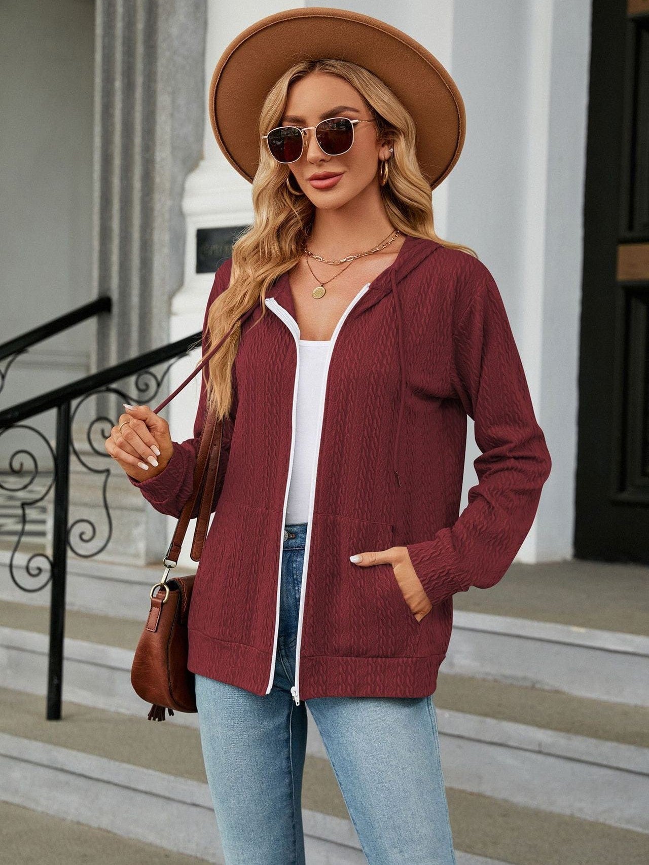 Zippered hooded drawstring sweatshirt knitted jacket