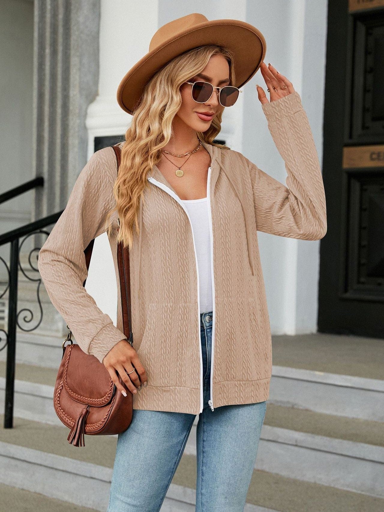 Zippered hooded drawstring sweatshirt knitted jacket
