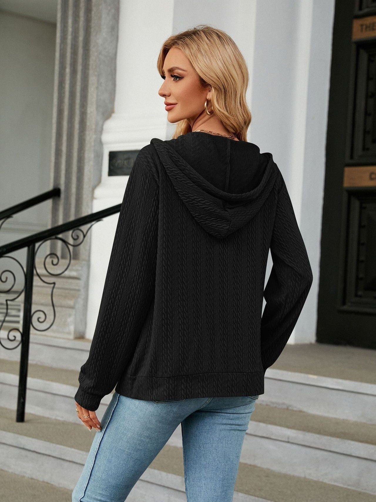 Zippered hooded drawstring sweatshirt knitted jacket