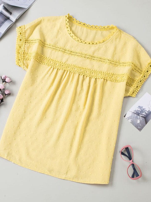 Solid Color Short Sleeve Lace Chiffon Top with Round Neck for Women's Comfort