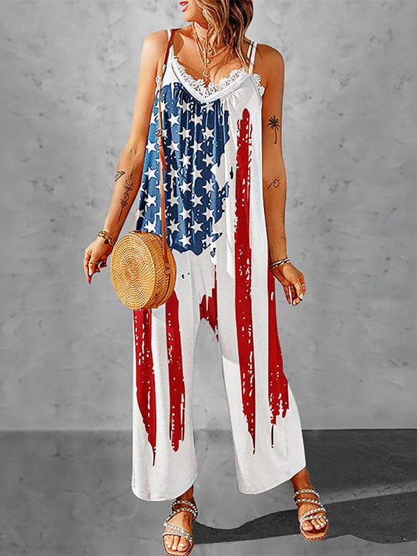 American Flag Print Sleeveless Jumpsuit for Women