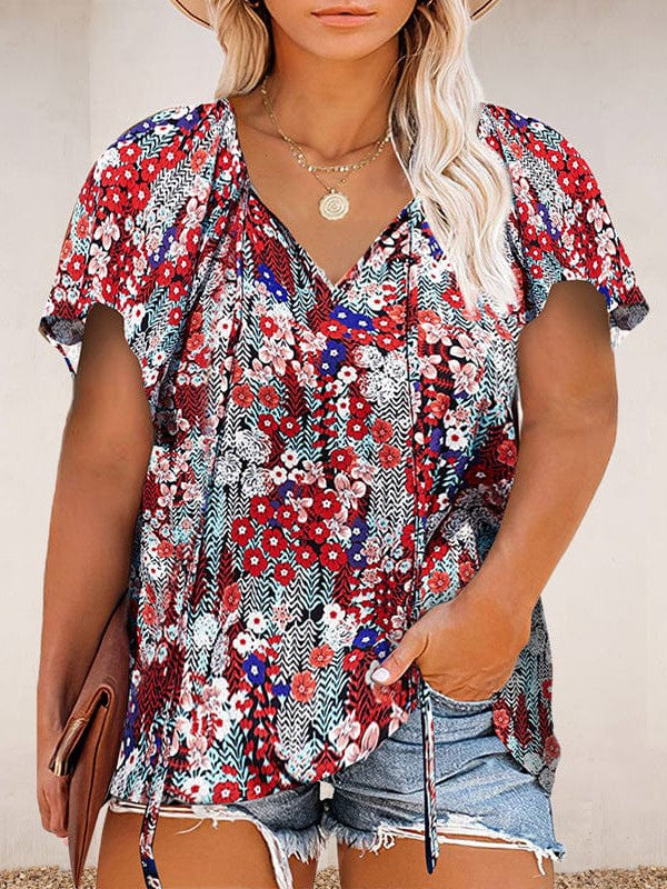 Chiffon V-Neck Floral Print Plus Size Top for Women