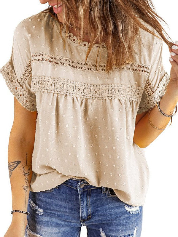 Solid Color Short Sleeve Lace Chiffon Top with Round Neck for Women's Comfort
