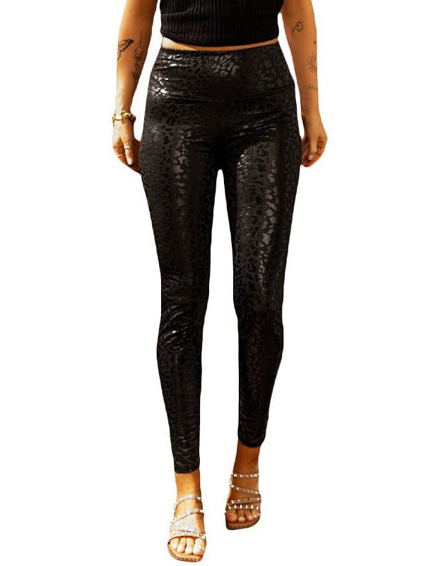 Stretchy Women's PU Leather Animal Print Nine-Point Leggings with Slim Fit Street Style