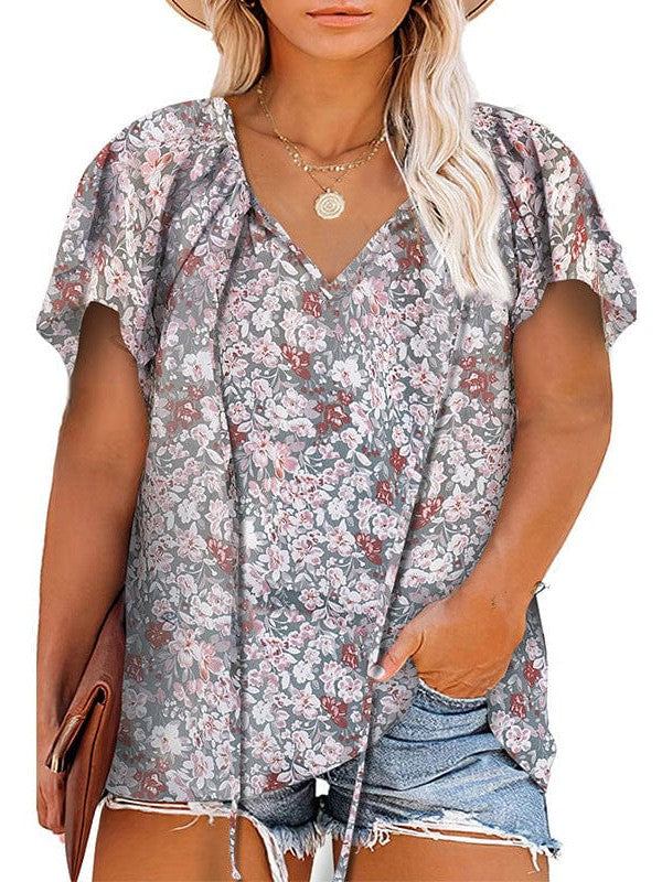 Chiffon V-Neck Floral Print Plus Size Top for Women