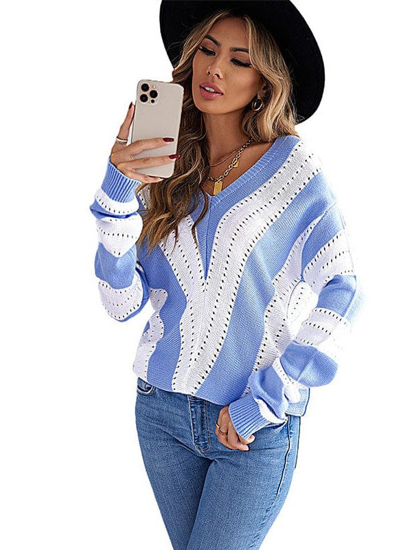 Simple Striped Knit Outerwear for Women with Long Sleeves and Contrast Bottom Detail