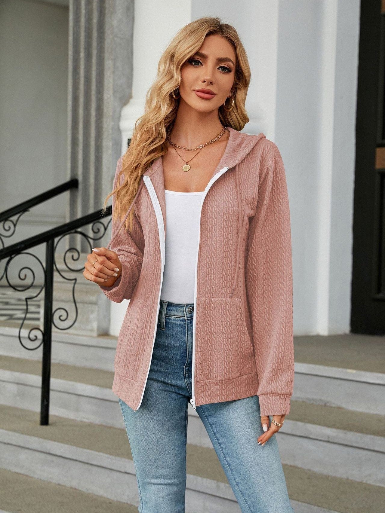 Zippered hooded drawstring sweatshirt knitted jacket