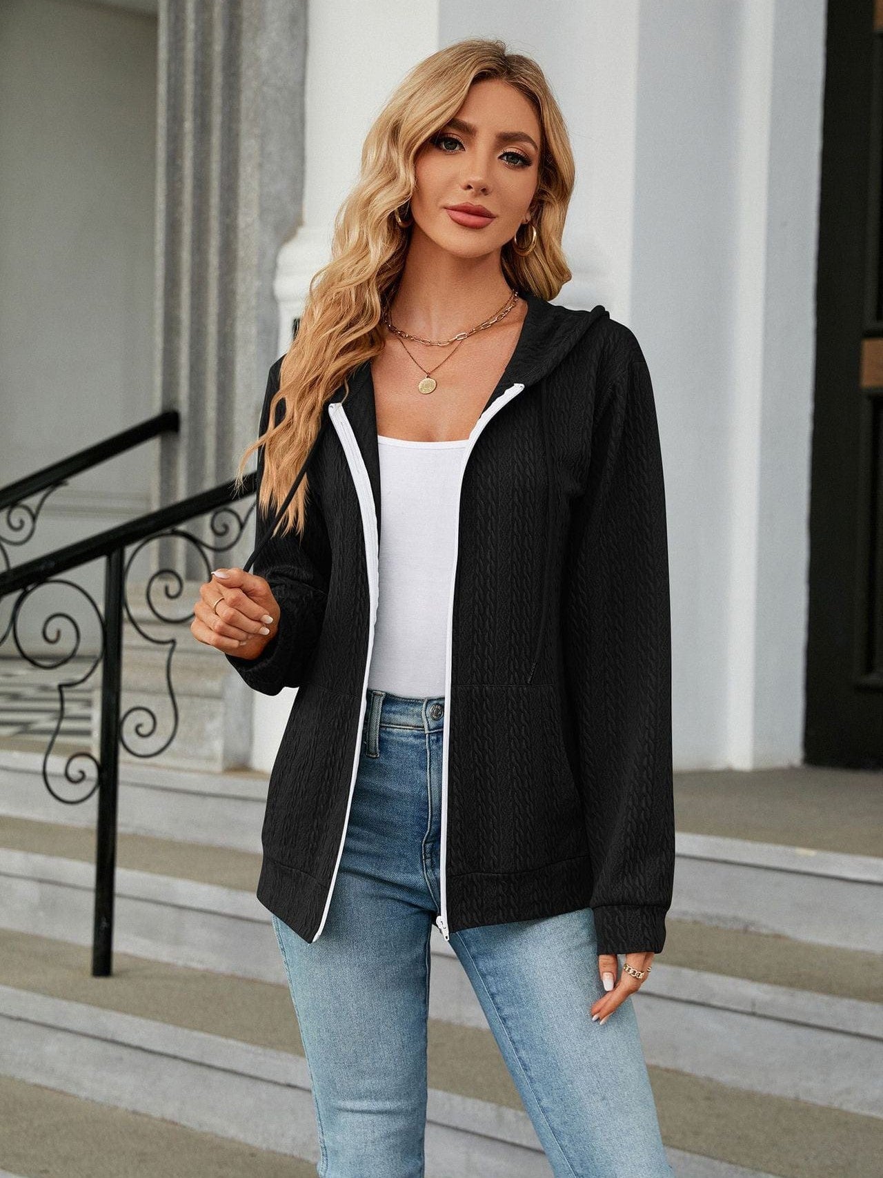 Zippered hooded drawstring sweatshirt knitted jacket
