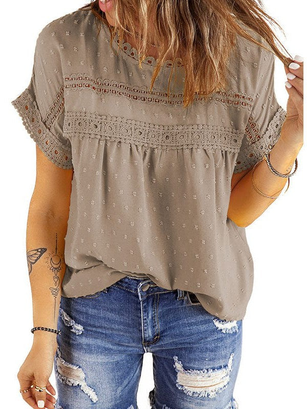 Solid Color Short Sleeve Lace Chiffon Top with Round Neck for Women's Comfort