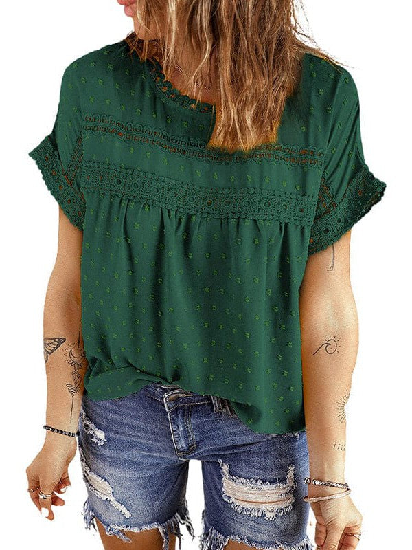 Solid Color Short Sleeve Lace Chiffon Top with Round Neck for Women's Comfort