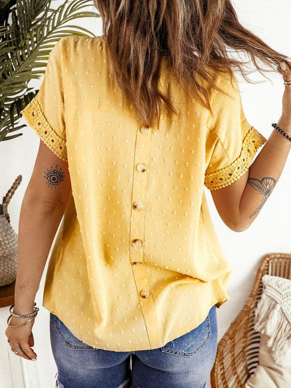 Solid Color Short Sleeve Lace Chiffon Top with Round Neck for Women's Comfort