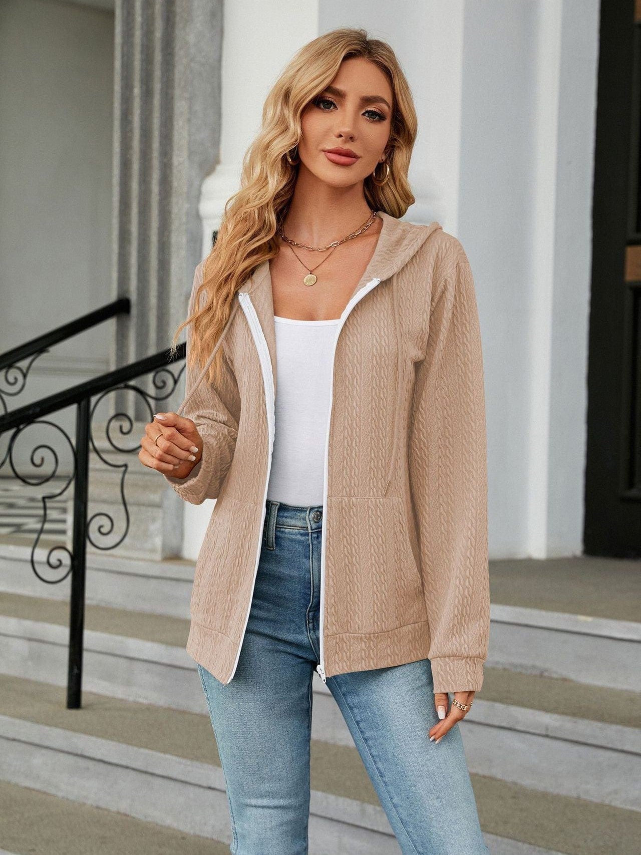 Zippered hooded drawstring sweatshirt knitted jacket