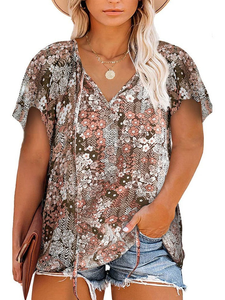 Chiffon V-Neck Floral Print Plus Size Top for Women