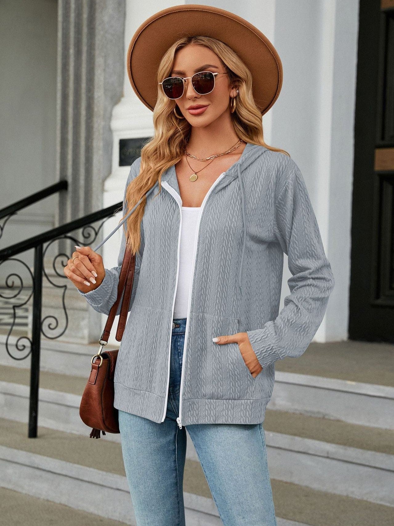Zippered hooded drawstring sweatshirt knitted jacket