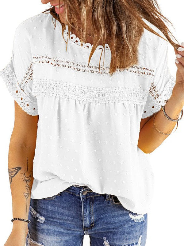 Solid Color Short Sleeve Lace Chiffon Top with Round Neck for Women's Comfort