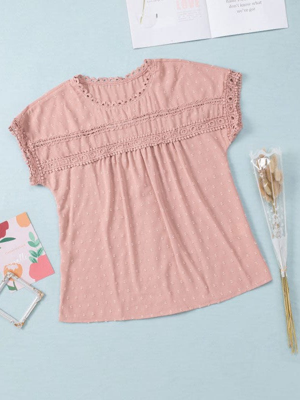 Solid Color Short Sleeve Lace Chiffon Top with Round Neck for Women's Comfort