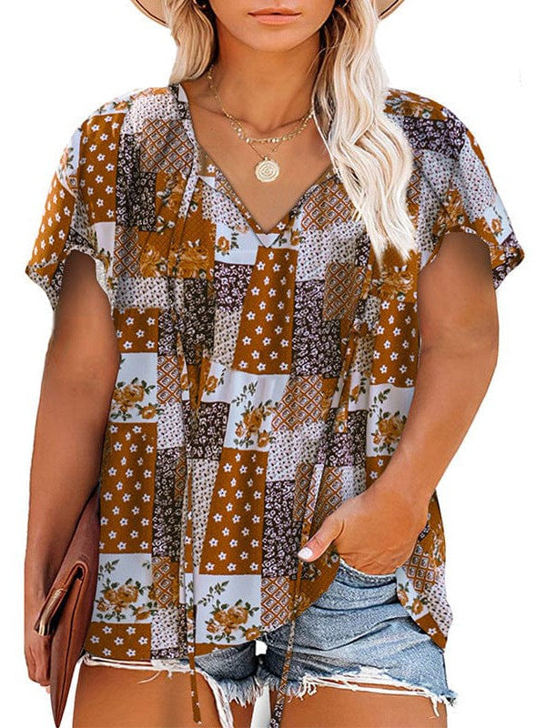 Chiffon V-Neck Floral Print Plus Size Top for Women