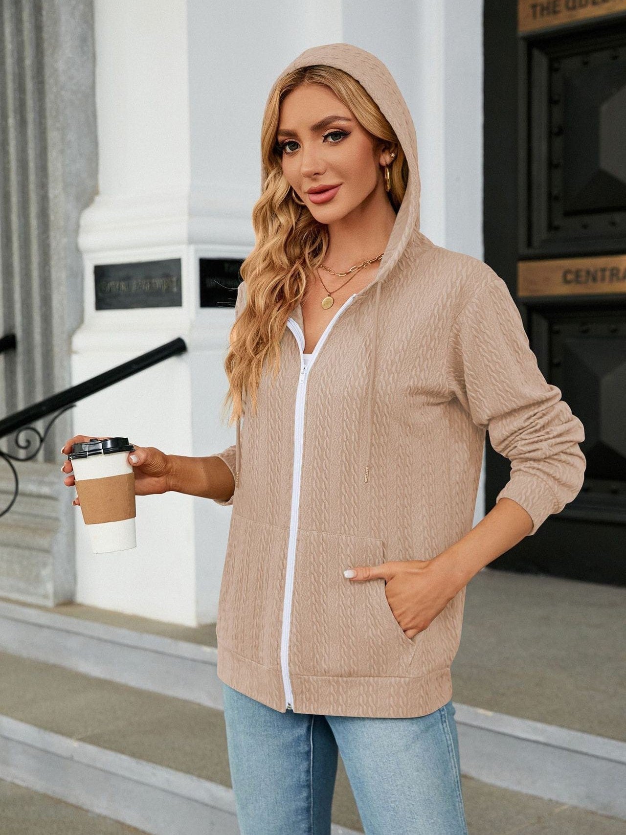 Zippered hooded drawstring sweatshirt knitted jacket