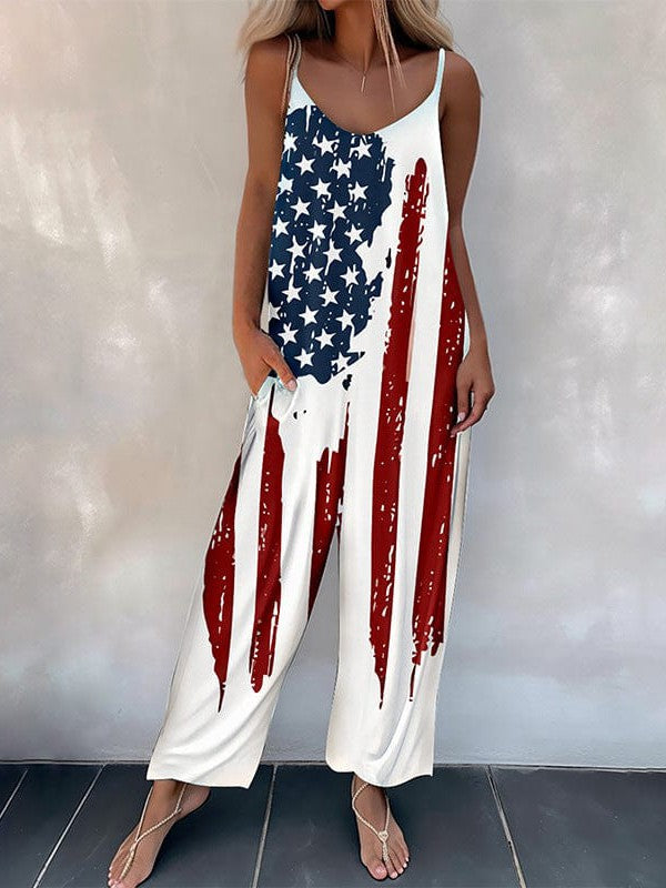 American Flag Print Sleeveless Jumpsuit for Women