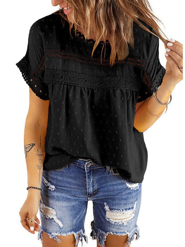 Solid Color Short Sleeve Lace Chiffon Top with Round Neck for Women's Comfort