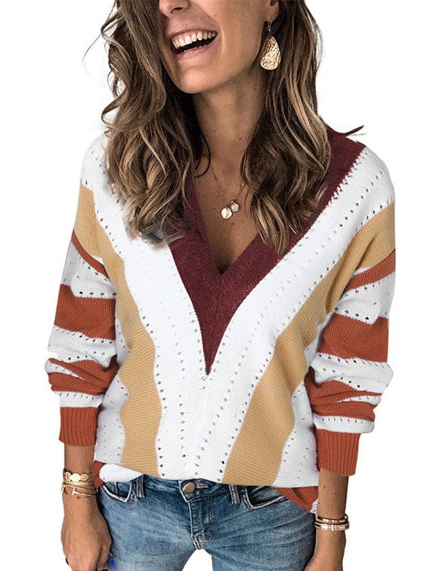 Simple Striped Knit Outerwear for Women with Long Sleeves and Contrast Bottom Detail