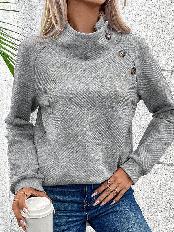 Asymmetric Collar Women's Pullover Sweatshirt with Button Embellishment